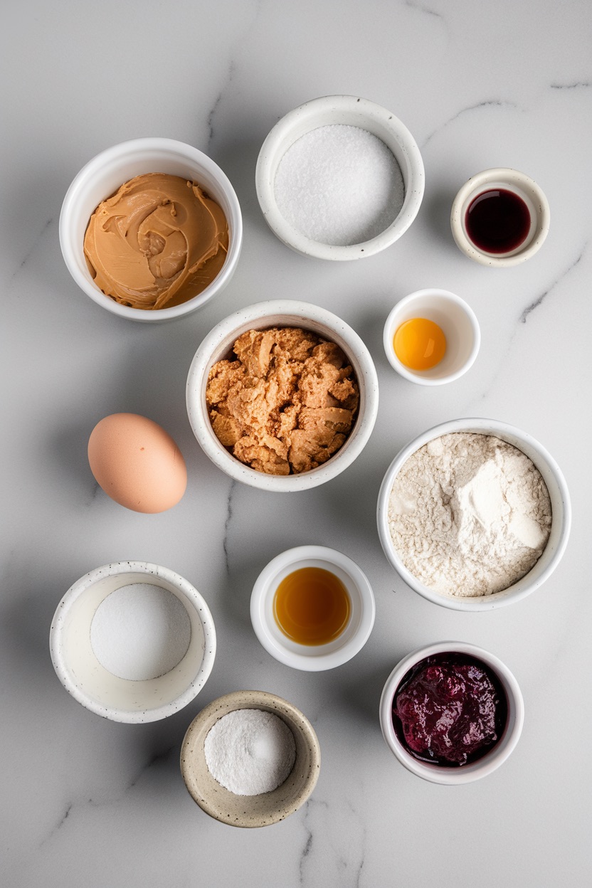 A flat lay of various baking ingredients in small bowls on a white marble surface, set up for making peanut butter thumbprint cookies. Ingredients include peanut butter, granulated sugar, brown sugar, an egg, flour, vanilla extract, baking soda, and a bowl of berry jam. The carefully arranged setup highlights the simple ingredients needed for this classic cookie recipe.