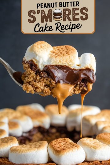 Spoonful of peanut butter s'mores cake with melted chocolate and caramel oozing from between layers of crumbly cake and fluffy marshmallow, with text overlay 'PEANUT BUTTER S'MORES Cake Recipe'.