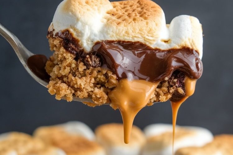 Spoonful of peanut butter s'mores cake with melted chocolate and caramel oozing from between layers of crumbly cake and fluffy marshmallow, with text overlay 'PEANUT BUTTER S'MORES Cake Recipe'.