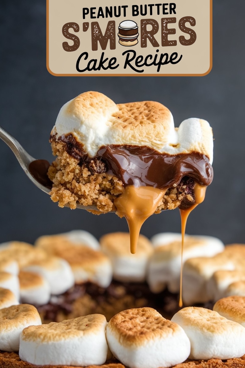 Spoonful of peanut butter s'mores cake with melted chocolate and caramel oozing from between layers of crumbly cake and fluffy marshmallow, with text overlay 'PEANUT BUTTER S'MORES Cake Recipe'.