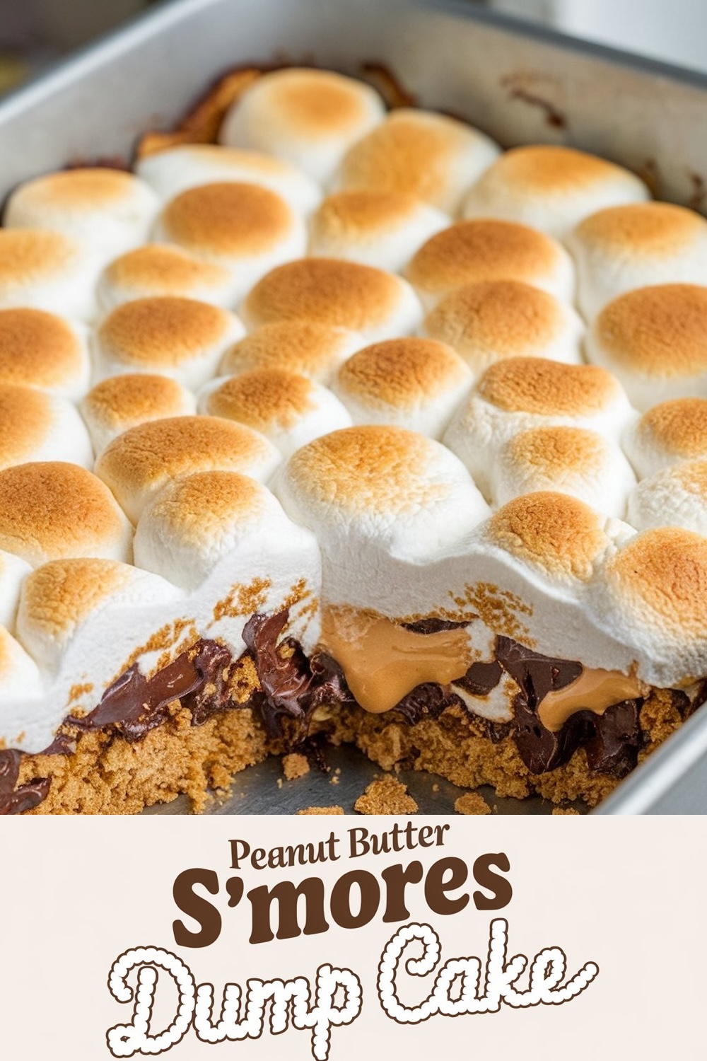 Peanut butter s'mores cake in a baking pan, showing a layer of marshmallows toasted to a golden brown on top of a crumbly chocolate and peanut butter base, with text overlay 'Peanut Butter S'mores Dump Cake'.