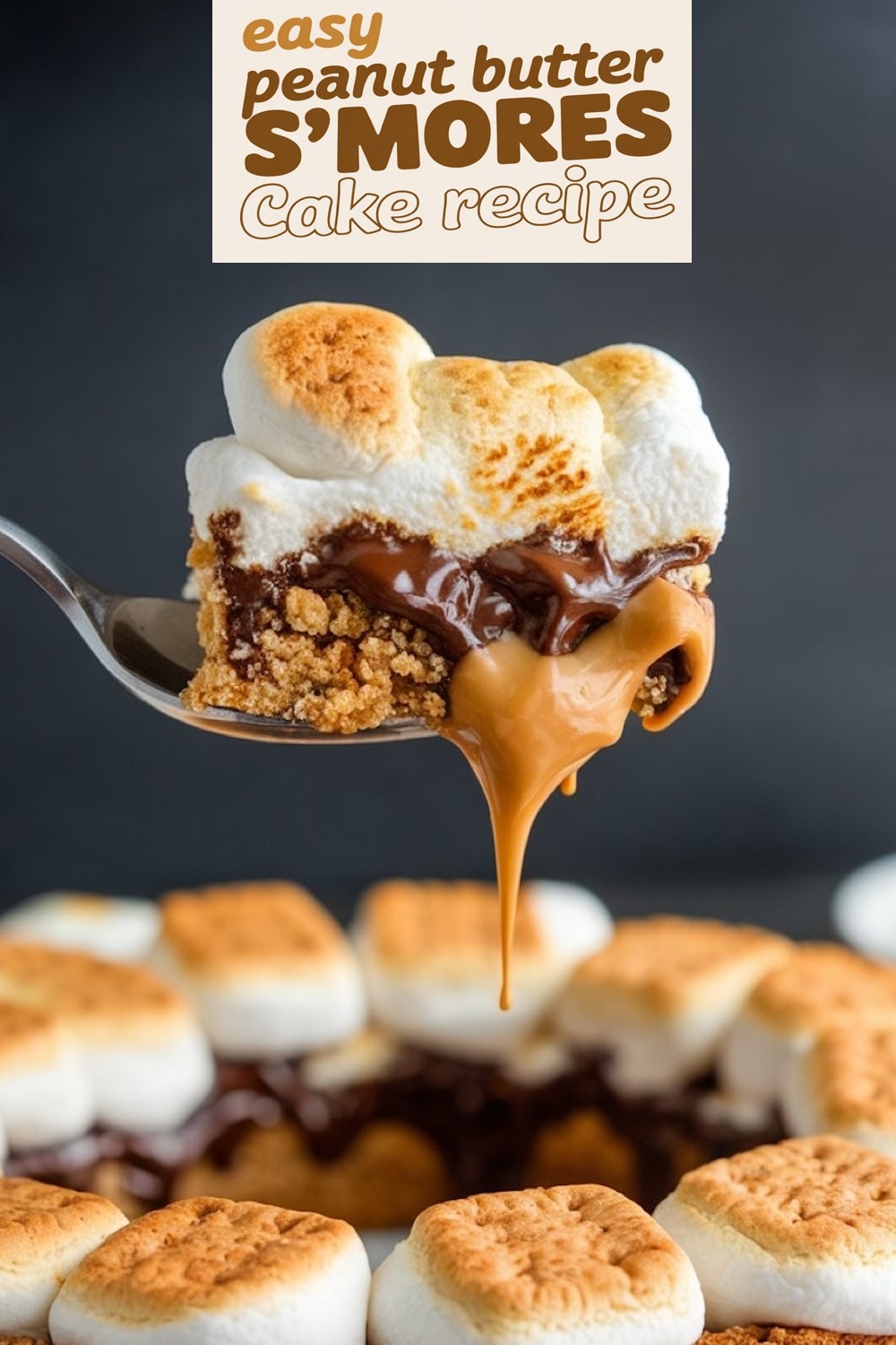 Close-up of a spoon lifting a serving of peanut butter s'mores cake showing gooey chocolate, dripping peanut butter, and a fluffy marshmallow top, with text overlay 'easy peanut butter S'MORES Cake recipe'.