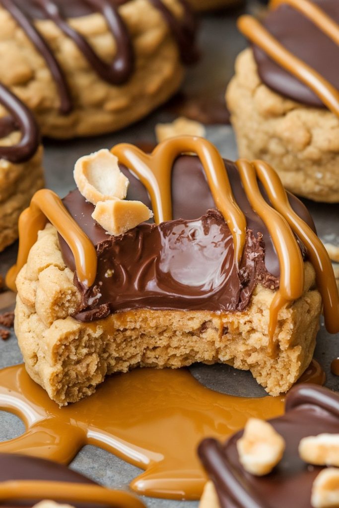 A peanut butter cookie cut in half to reveal a soft chocolate filling, artistically drizzled with caramel on a caramel-smeared surface.