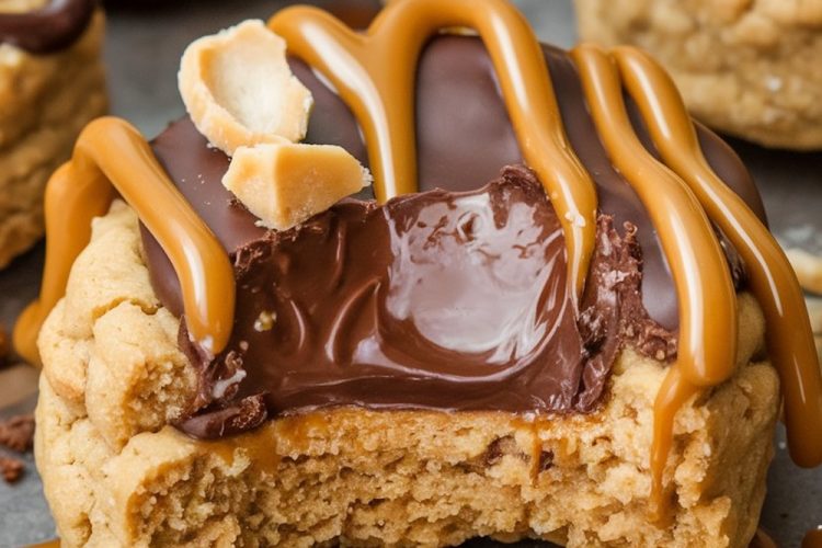 A peanut butter cookie cut in half to reveal a soft chocolate filling, artistically drizzled with caramel on a caramel-smeared surface.