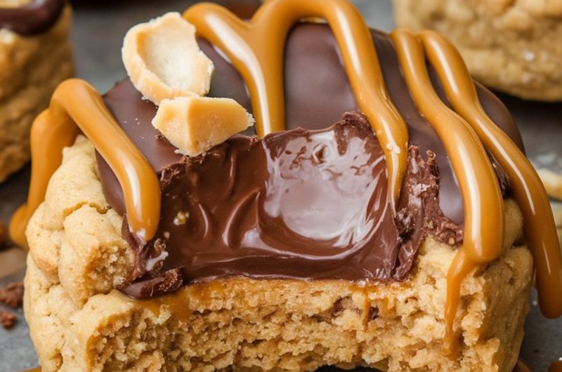 Peanut Butter Truffle Cookies with Caramel Drizzle and Peanut Topping