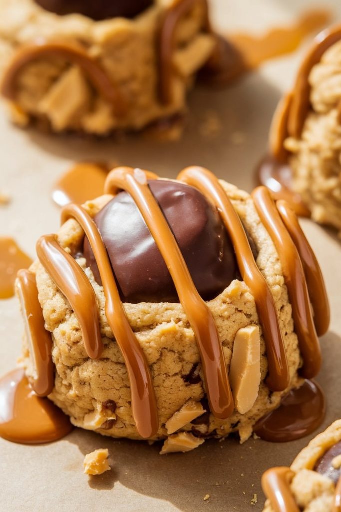 Close-up of a peanut butter cookie topped with a chocolate truffle and drizzled with caramel, set against a background of similar cookies and caramel spills