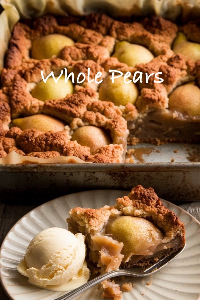 Pear dump cake baked with whole pears visible in the crust, alongside a plated serving of the dessert with a scoop of vanilla ice cream.