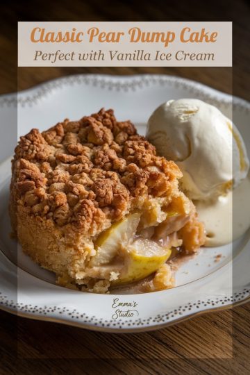 A slice of classic pear dump cake with vanilla ice cream on a vintage-style plate, with a text overlay that reads 'Classic Pear Dump Cake' and 'Perfect with Vanilla Ice Cream.'