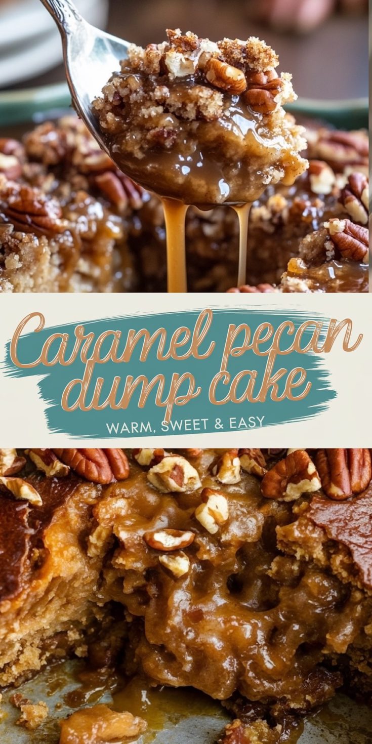 A spoonful of caramel pecan dump cake lifted above a rich, bubbling caramel filling. The pecan-studded topping contrasts with the warm, gooey interior. The bottom half of the image displays a sliced portion of the cake revealing its molten texture. A text overlay in the middle reads “Caramel Pecan Dump Cake - Warm, Sweet & Easy.”