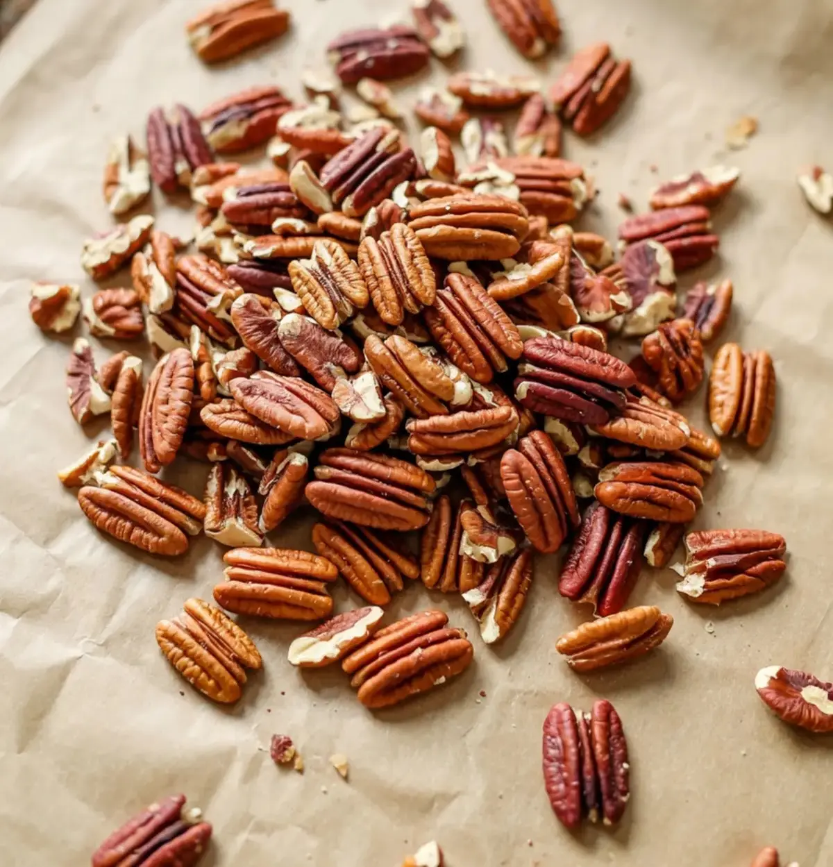 A pile of raw pecan halves scattered on a parchment-lined baking sheet, featuring rich brown tones and rustic textures, perfect for baking, dessert toppings, and pecan pie recipes.