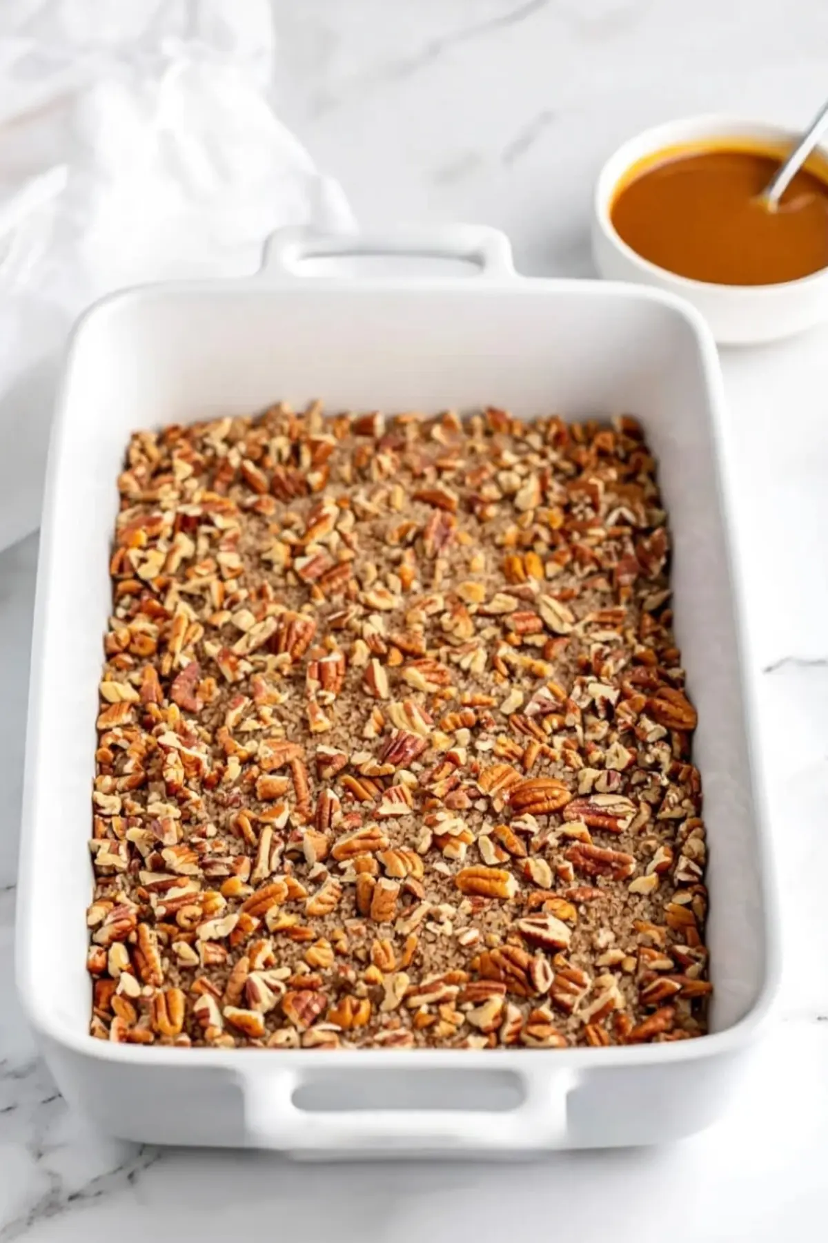 A white baking dish filled with a pecan crumb mixture, showcasing chopped pecans and brown sugar spread evenly, set against a marble countertop for cozy fall and Thanksgiving dessert inspiration.