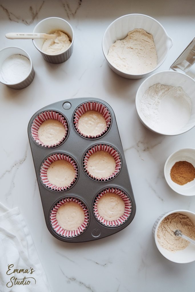Overhead view of a muffin tin filled with cupcake batter in red-and-white striped wrappers, surrounded by bowls of dry ingredients and measuring spoons on a marble countertop.