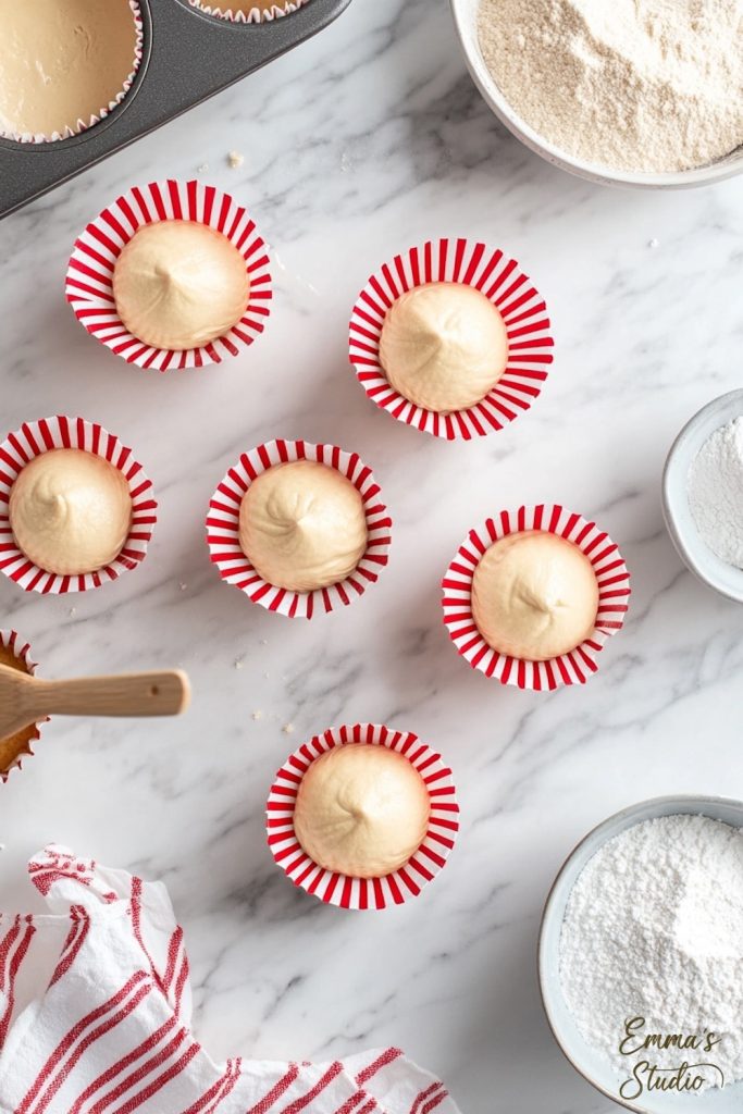 Overhead view of unbaked cupcakes in red-and-white striped wrappers, arranged on a marble countertop, ready to go into the oven.