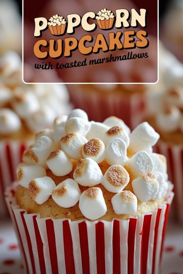 Close-up of a cupcake in a red-and-white striped wrapper, topped with lightly toasted mini marshmallows, resembling popcorn in appearance.