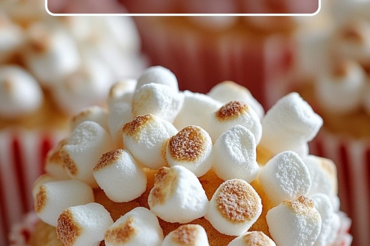 Close-up of a cupcake in a red-and-white striped wrapper, topped with lightly toasted mini marshmallows, resembling popcorn in appearance.