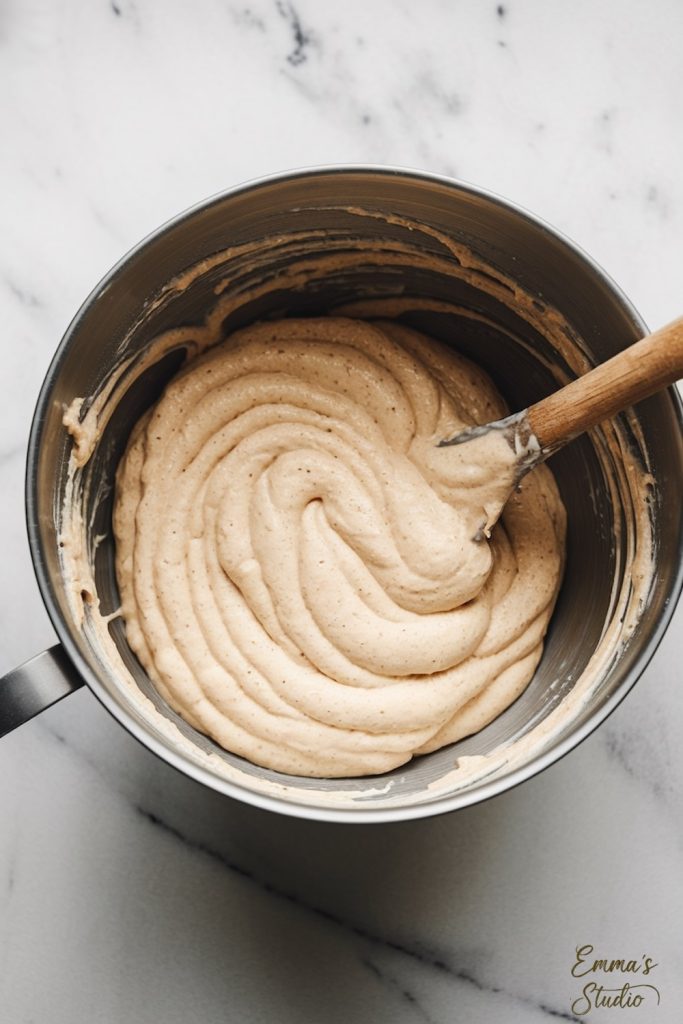 Overhead view of cupcake batter being mixed in a large metal bowl with a wooden spatula, showcasing its smooth and creamy texture.