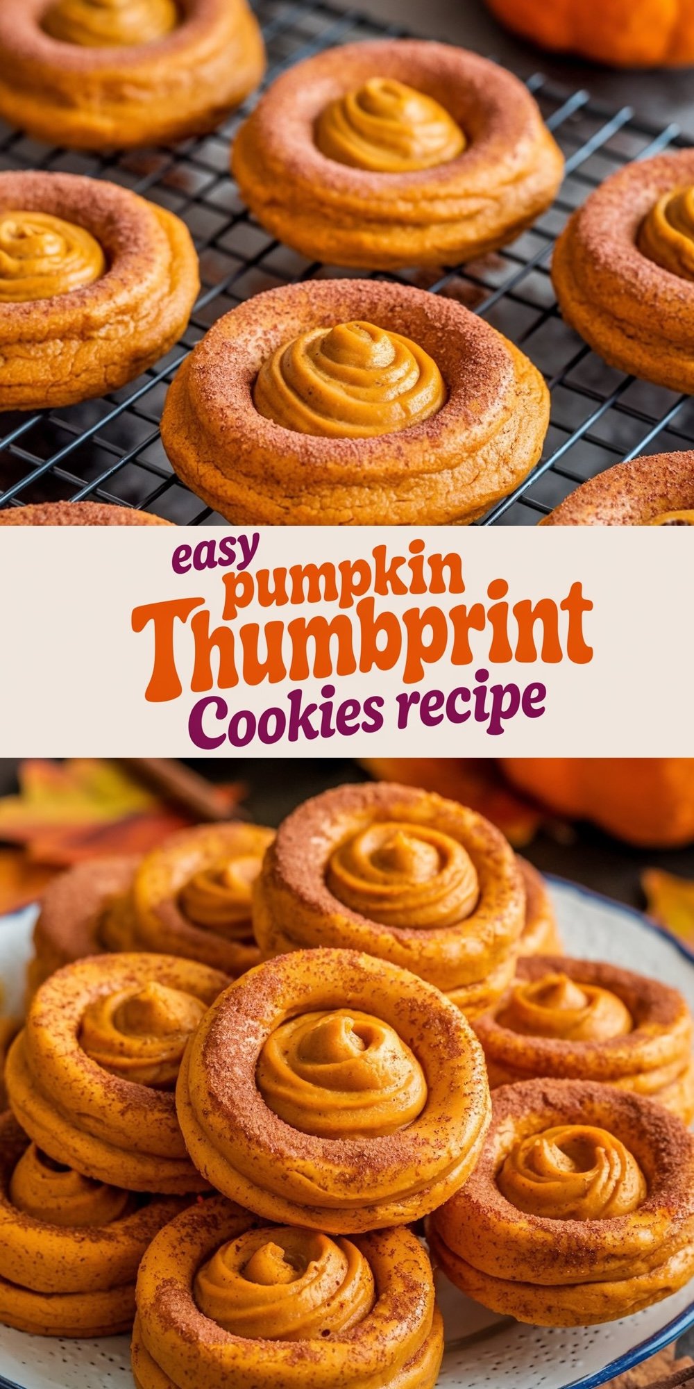 This image shows a combination of two main sections. At the top, it features a close-up of pumpkin spice thumbprint cookies arranged on a cooling rack, highlighting the cinnamon-sugar coating and creamy pumpkin filling swirled in the center. Below, the text "easy pumpkin Thumbprint Cookies recipe" is displayed in vibrant orange and purple fonts over a beige background. At the bottom of the image, a plate piled with more pumpkin thumbprint cookies emphasizes their soft texture and fall-inspired design, with blurred autumn leaves in the background
