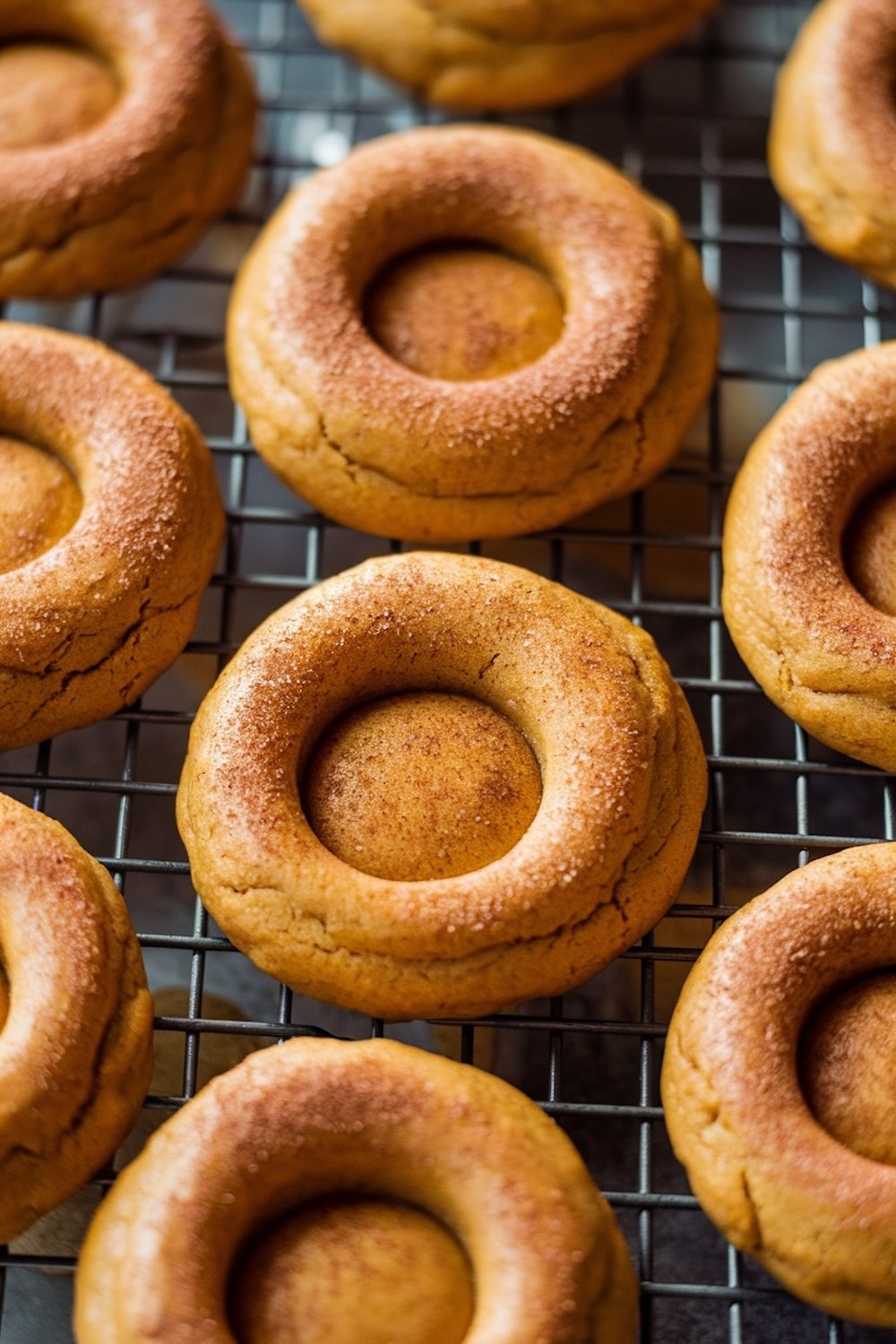 This image shows freshly baked pumpkin spice thumbprint cookies cooling on a wire rack. The cookies are golden brown with a deep indentation in the center, ready to be filled, and are dusted with a light coating of cinnamon sugar. The cookies have a soft texture with slight cracks around the edges, indicating they are perfectly baked and tender.