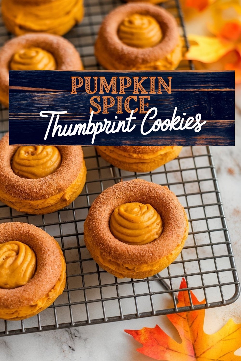 This image features a close-up of a pumpkin spice thumbprint cookie with creamy pumpkin filling, with one cookie broken in half to show its soft, moist interior. The rich pumpkin filling spills slightly from the center, highlighting the cookie's soft and chewy texture. In the background, a decorative fall setting with a small pumpkin, autumn leaves, and warm colors complements the seasonal theme of the dessert.