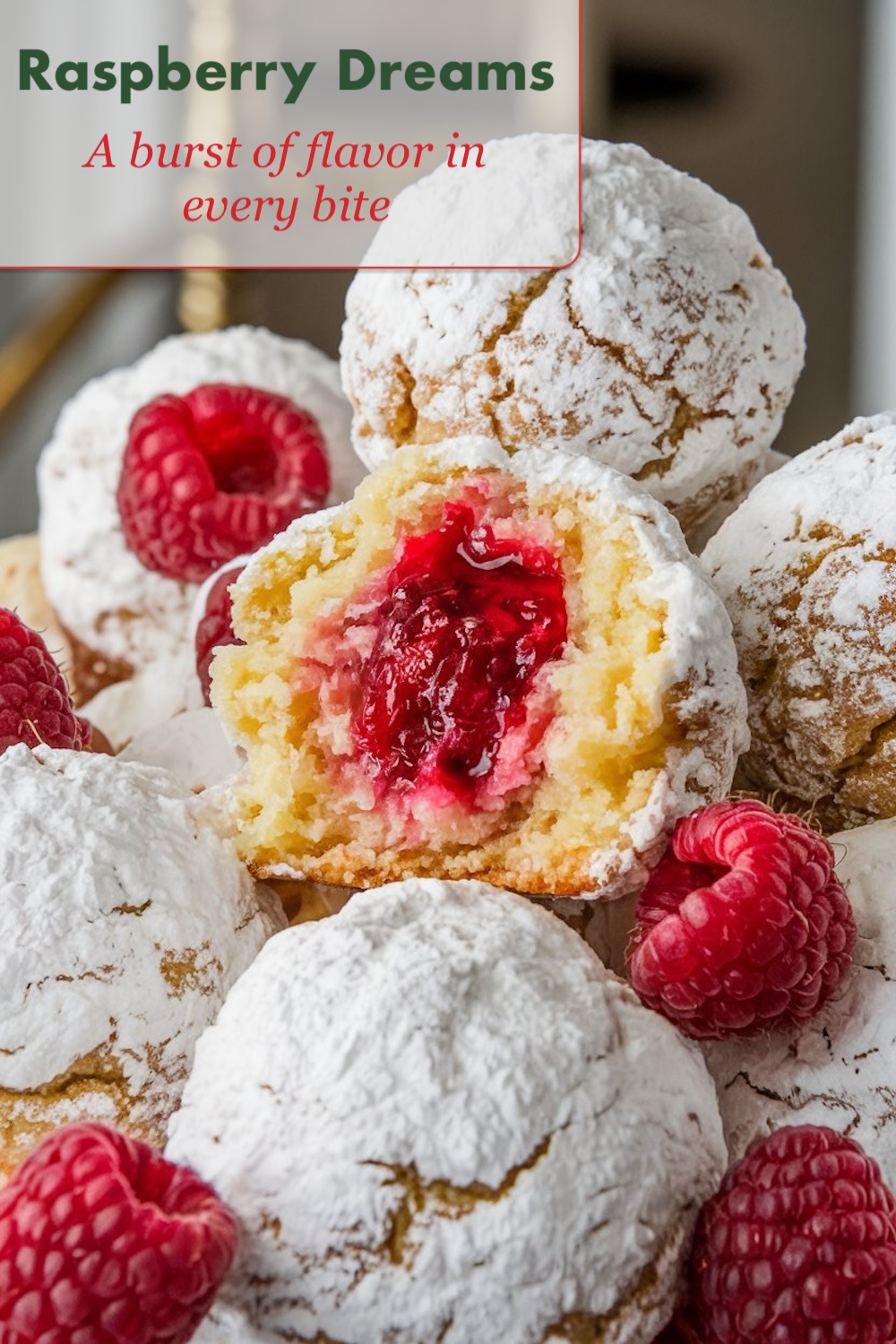 A close-up shot of a cookie filled with raspberry jam, its powdered sugar coating contrasting with the rich, red filling oozing out, surrounded by additional cookies and raspberries.