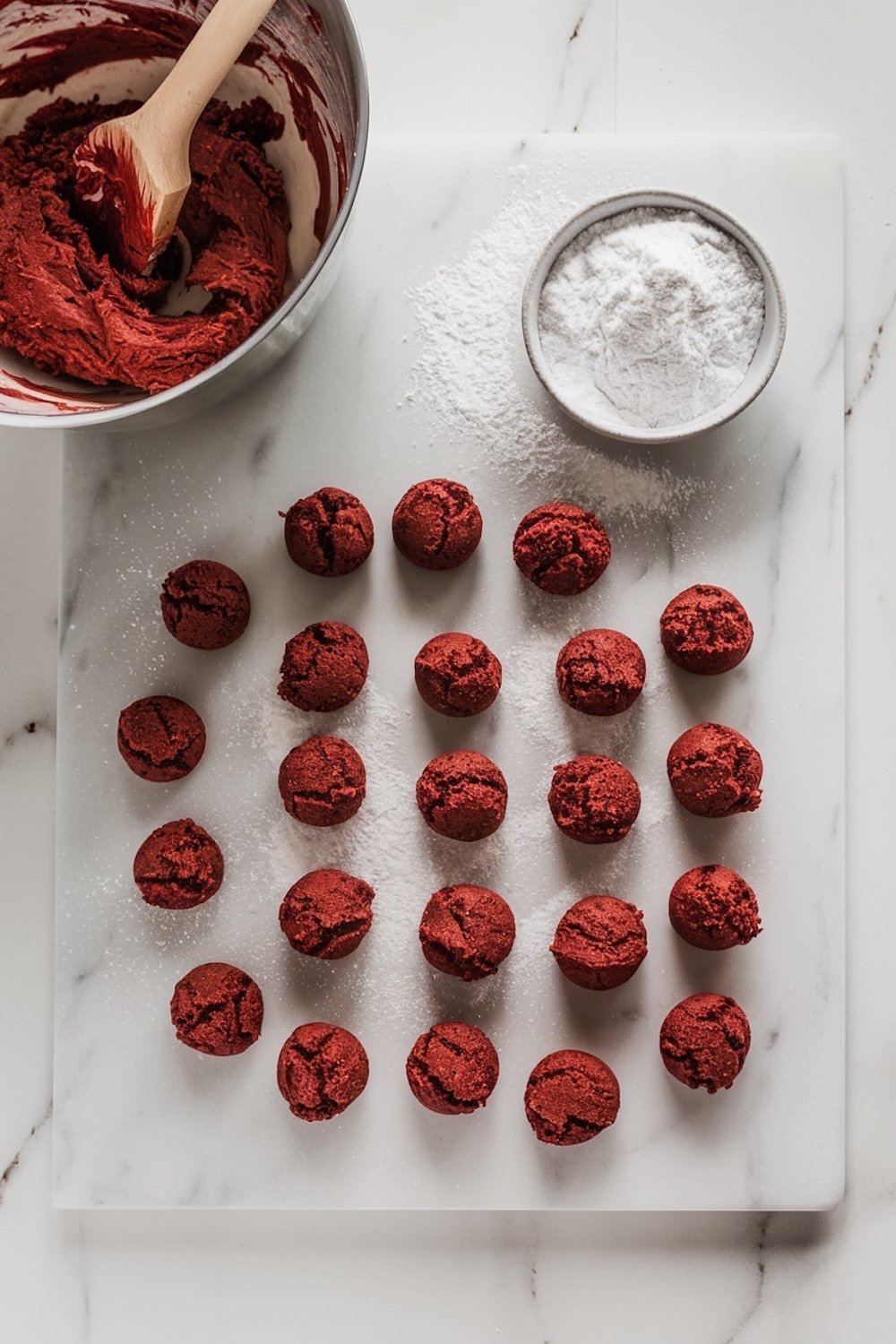 A baking scene with rows of red velvet cookie dough balls arranged on a white surface, beside a bowl of powdered sugar and a mixing bowl with a wooden spoon.