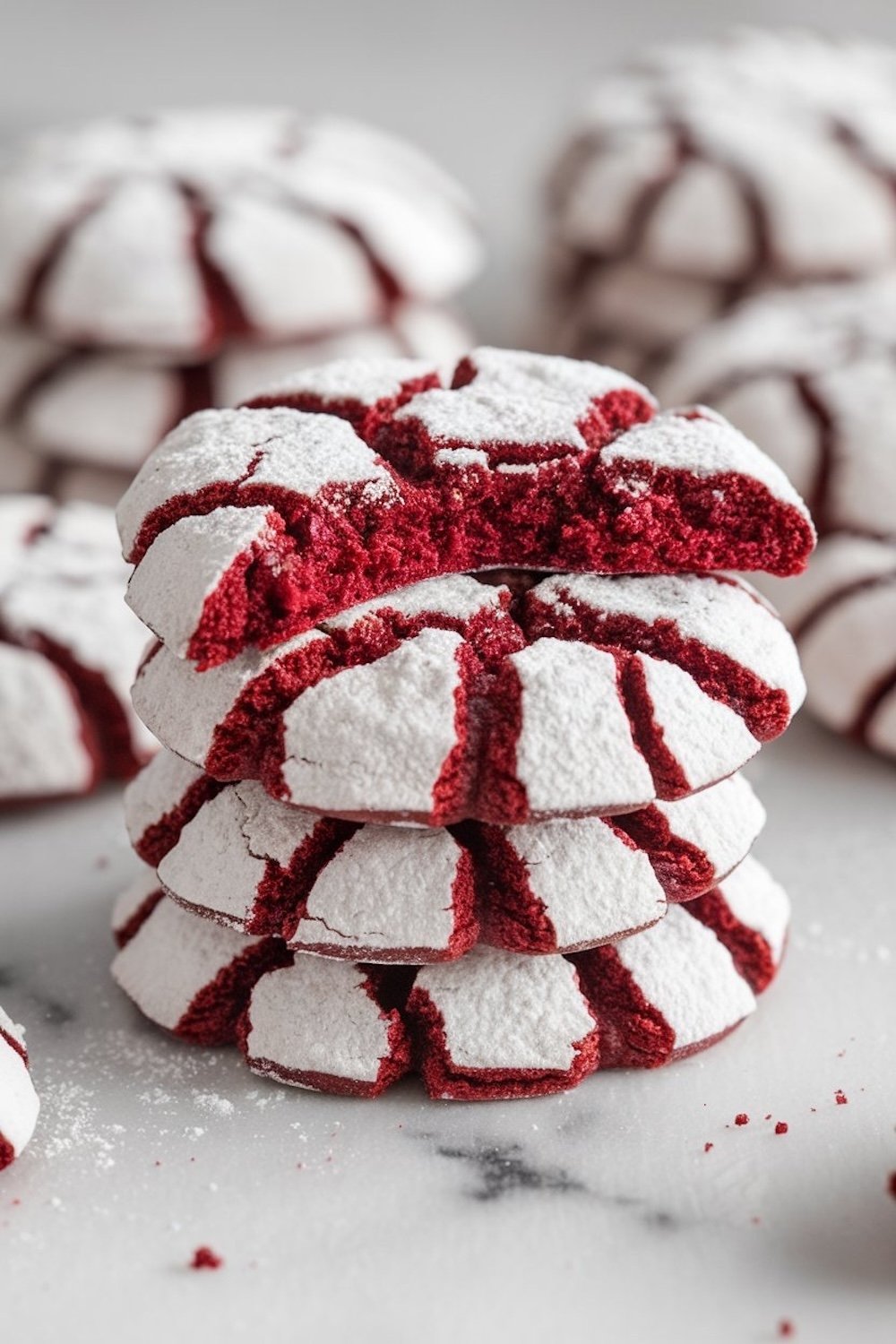 A stack of red velvet crinkle cookies covered in powdered sugar, with one cookie on top split in half to reveal a soft, vibrant red interior and cracked surface.