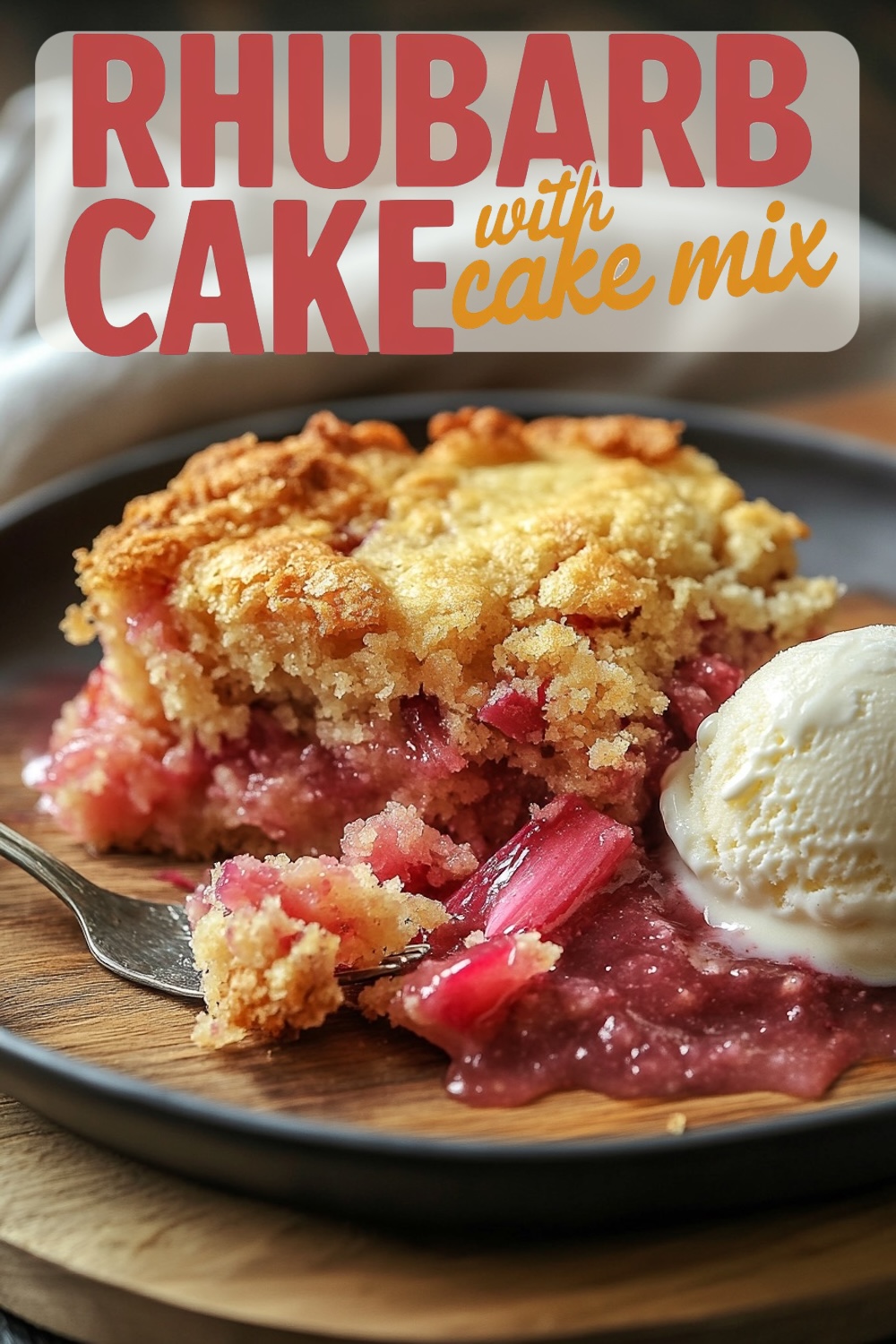 A close-up of a plate with rhubarb dump cake topped with a scoop of vanilla ice cream, featuring golden crumble and bright red rhubarb filling, with text overlay 'RHUBARB with cake mix'.