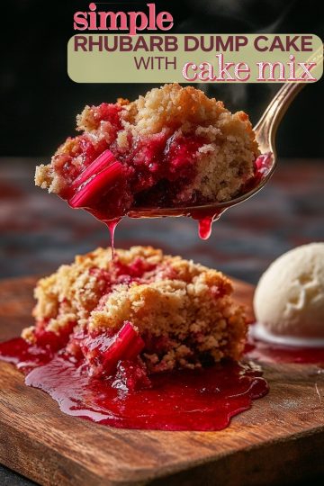A spoonful of rhubarb dump cake with vibrant red rhubarb filling dripping over a dark wooden table, accompanied by a scoop of vanilla ice cream, with text overlay 'simple RHUBARB DUMP CAKE with cake mix'.