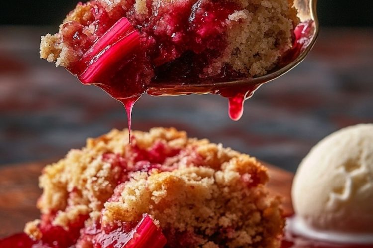 A spoonful of rhubarb dump cake with vibrant red rhubarb filling dripping over a dark wooden table, accompanied by a scoop of vanilla ice cream, with text overlay 'simple RHUBARB DUMP CAKE with cake mix'.