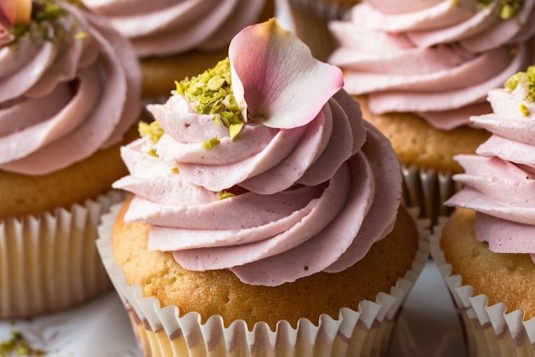 An elegant display of cupcakes with pale pink rose-flavored frosting topped with delicate rose petals and chopped pistachios, arranged on a white porcelain plate with golden accents.