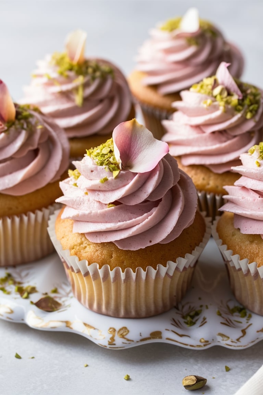 An elegant display of cupcakes with pale pink rose-flavored frosting topped with delicate rose petals and chopped pistachios, arranged on a white porcelain plate with golden accents.