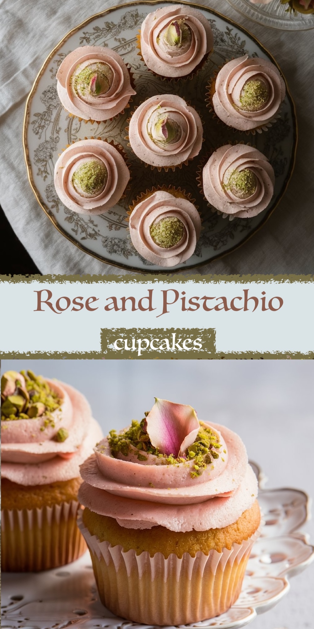 Close-up of beautifully decorated cupcakes featuring swirls of light pink frosting, garnished with green pistachio pieces and soft pink rose petals, presented on an ornate white plate.