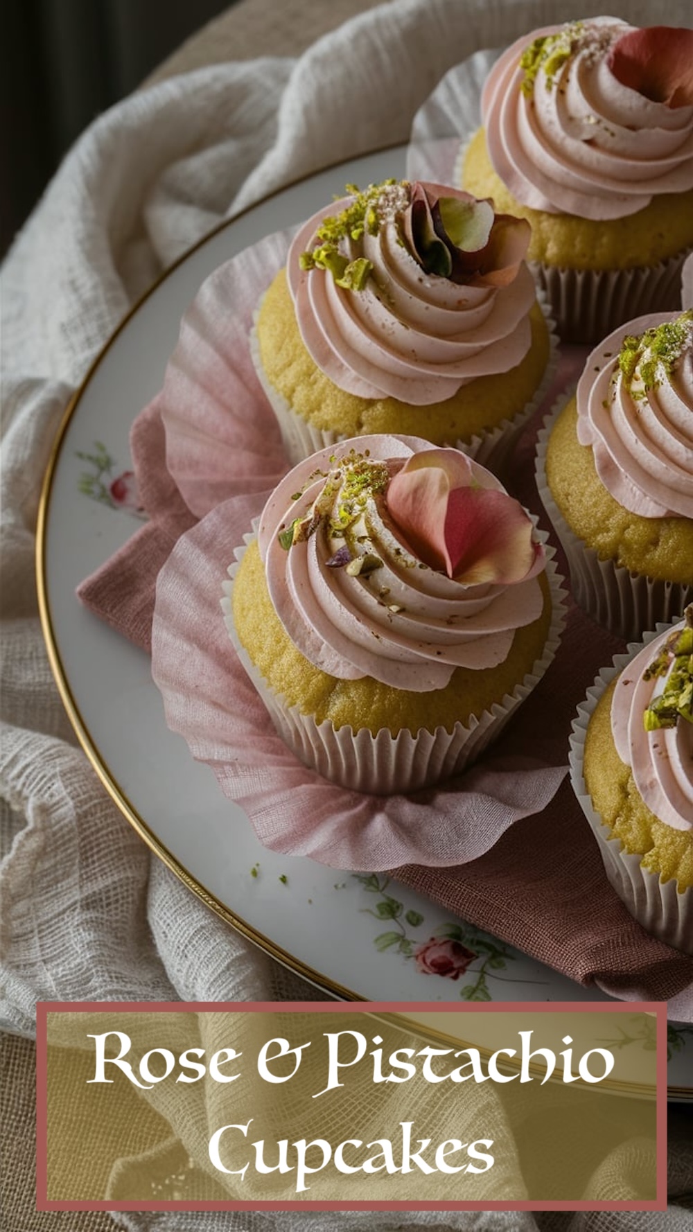 A selection of gourmet cupcakes with rose-infused frosting in shades of blush, adorned with sprinklings of pistachio nuts and rose petal accents, set against a light background.