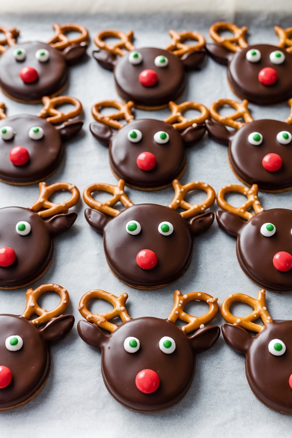 Rows of adorable Rudolph reindeer cookies with chocolate coating, pretzel antlers, and red candy noses, displayed on parchment paper.