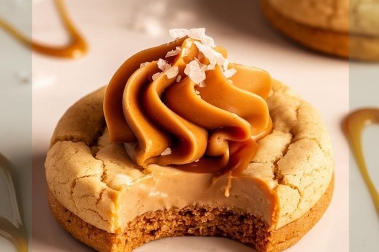 Close-up of a caramel cookie topped with a swirl of smooth caramel frosting and a sprinkle of sea salt. The cookie has a bite missing, showcasing its chewy center. The background features caramel drizzles and sea salt scattered across a white surface.