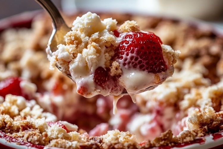 A spoonful of strawberry dump cake, filled with juicy strawberries and a crispy crumble, held over a red baking dish. The text overlay reads "Strawberry Dump Cake" with a strawberry-themed design and bold red font.