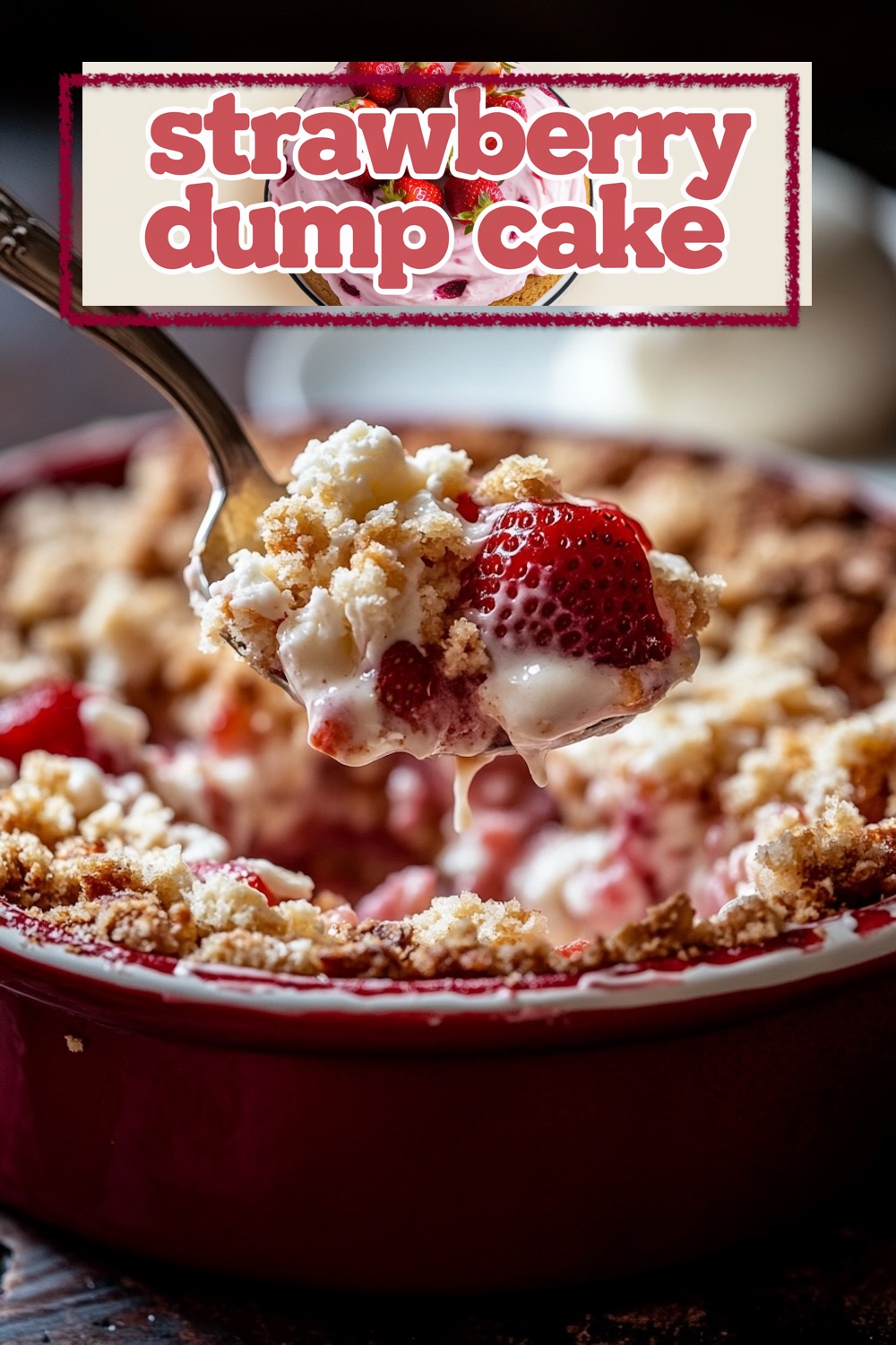 A spoonful of strawberry dump cake, filled with juicy strawberries and a crispy crumble, held over a red baking dish. The text overlay reads "Strawberry Dump Cake" with a strawberry-themed design and bold red font.