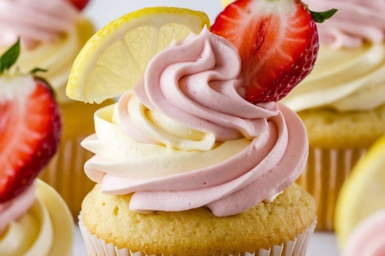 Bright and vivid image showing Strawberry Lemonade Cupcakes topped with dual-tone pink and yellow swirled frosting, garnished with fresh strawberry slices and a lemon slice, set against a light backdrop.