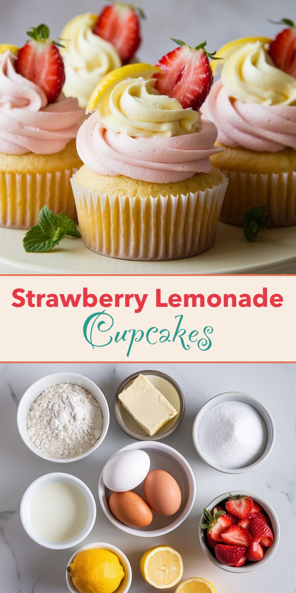 Informative image layout showcasing ingredients for Strawberry Lemonade Cupcakes. Includes eggs, flour, sugar, lemons, and fresh strawberries arranged neatly around the central image of finished cupcakes.