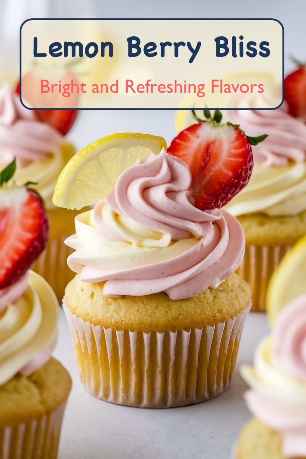 Appetizing image of Zesty Strawberry Lemonade Cupcakes with a creamy swirl of pink and yellow frosting, embellished with a fresh strawberry and lemon slice, presented on a decorative plate.