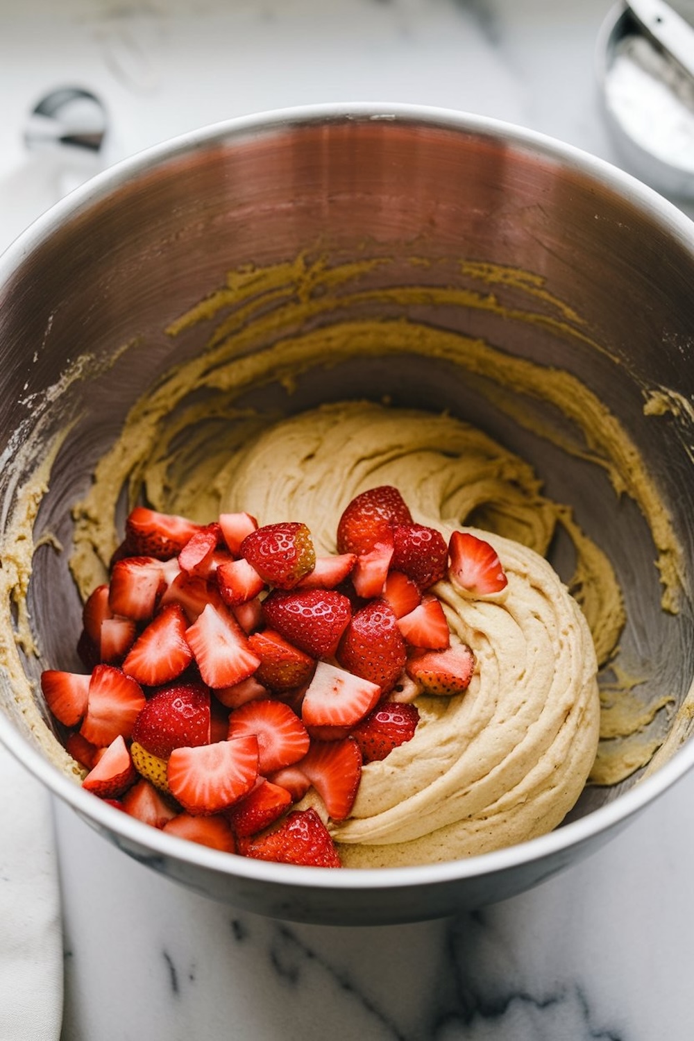 A close-up of a mixing bowl filled with creamy cupcake batter topped with freshly chopped strawberries, ready to be gently folded in. The bright red strawberries contrast beautifully against the pale, smooth batter, adding a burst of color and freshness. This image captures the beginning stages of making homemade strawberry lemonade cupcakes, highlighting the use of fresh ingredients for a fruity, summer-inspired dessert.


