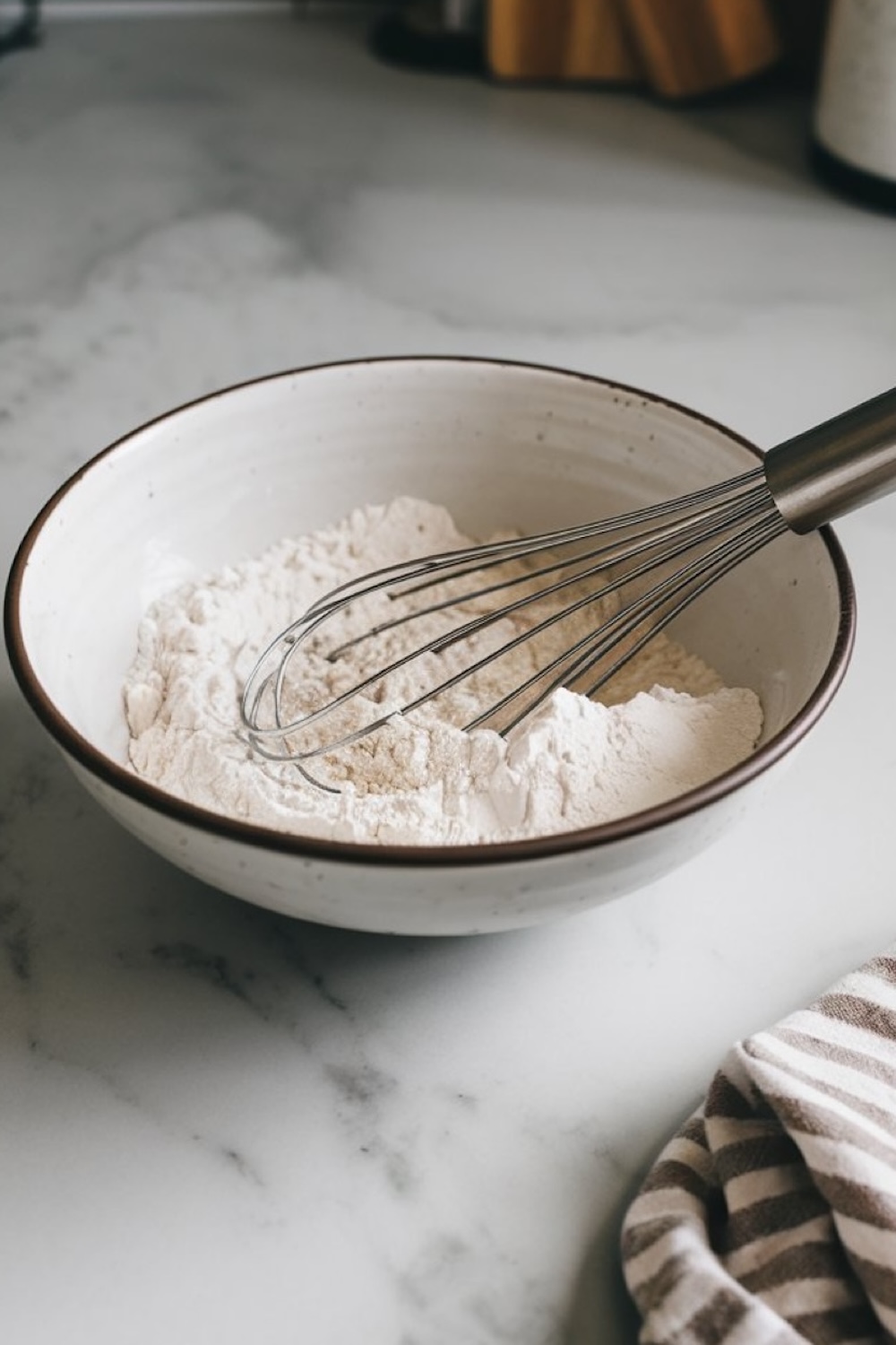 A ceramic mixing bowl filled with a heaping pile of flour, accompanied by a stainless steel whisk, sits on a marble countertop. The scene shows the preparation process for baking, emphasizing simple ingredients and a rustic, homemade touch. The clean, minimalist setup and natural lighting make this an inviting image for anyone ready to bake strawberry lemonade cupcakes or another sweet treat.