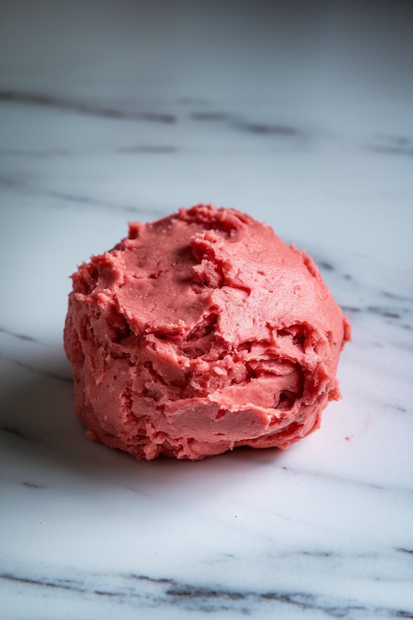 A soft, freshly mixed ball of strawberry cookie dough in a vibrant pink hue sits on a marble countertop, ready to be shaped. The smooth yet textured surface of the dough hints at a deliciously rich and fruity cookie, ideal for strawberry sugar cookies.
