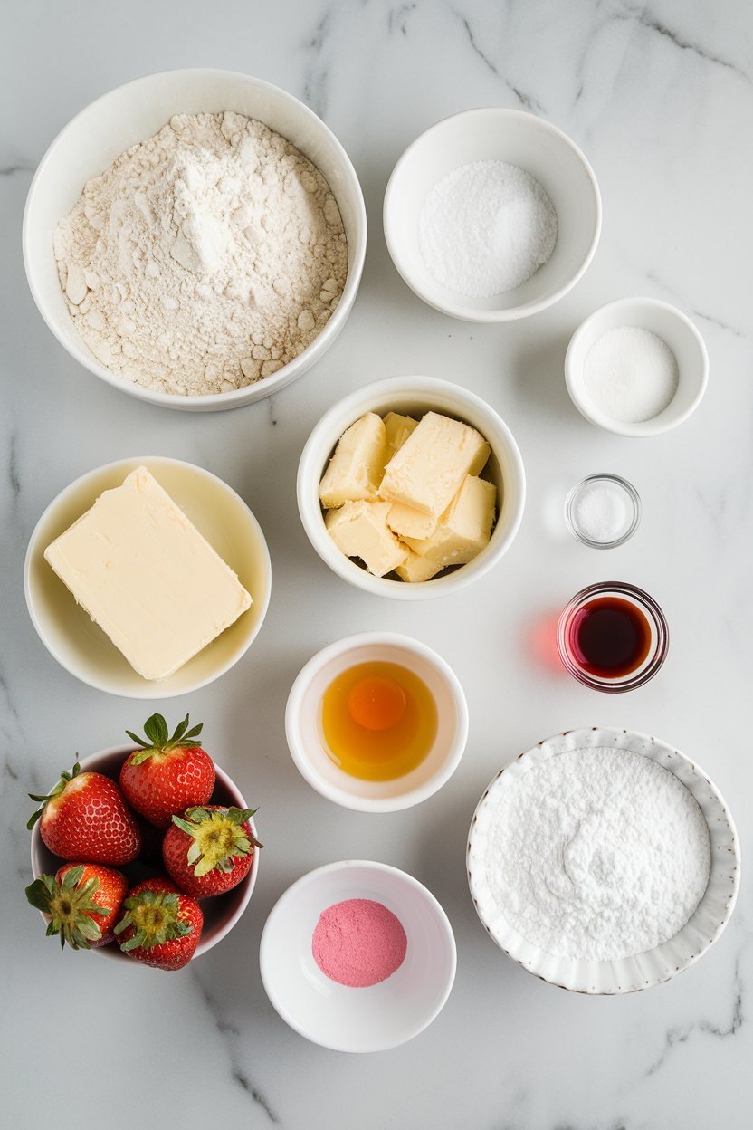 An assortment of ingredients arranged for making strawberry sugar cookies, including flour, butter, eggs, vanilla extract, powdered sugar, fresh strawberries, and pink strawberry powder. The ingredients are displayed on a marble surface, showcasing everything needed to create a batch of sweet, strawberry-flavored cookies.