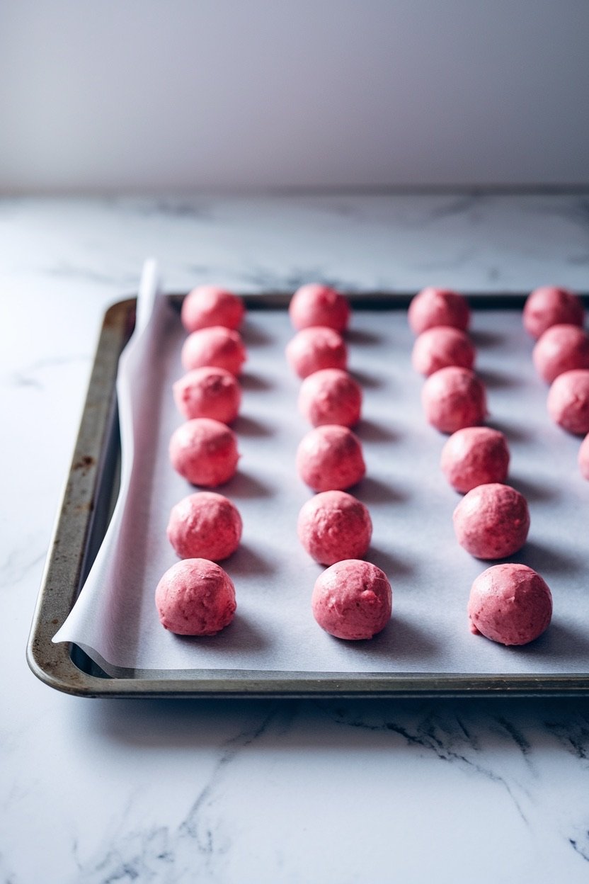 Rows of pink strawberry cookie dough balls are evenly spaced on a parchment-lined baking sheet, ready for the oven. The vibrant color and perfect round shape of the dough balls suggest soft and chewy cookies with a fruity twist, ideal for a sweet strawberry treat