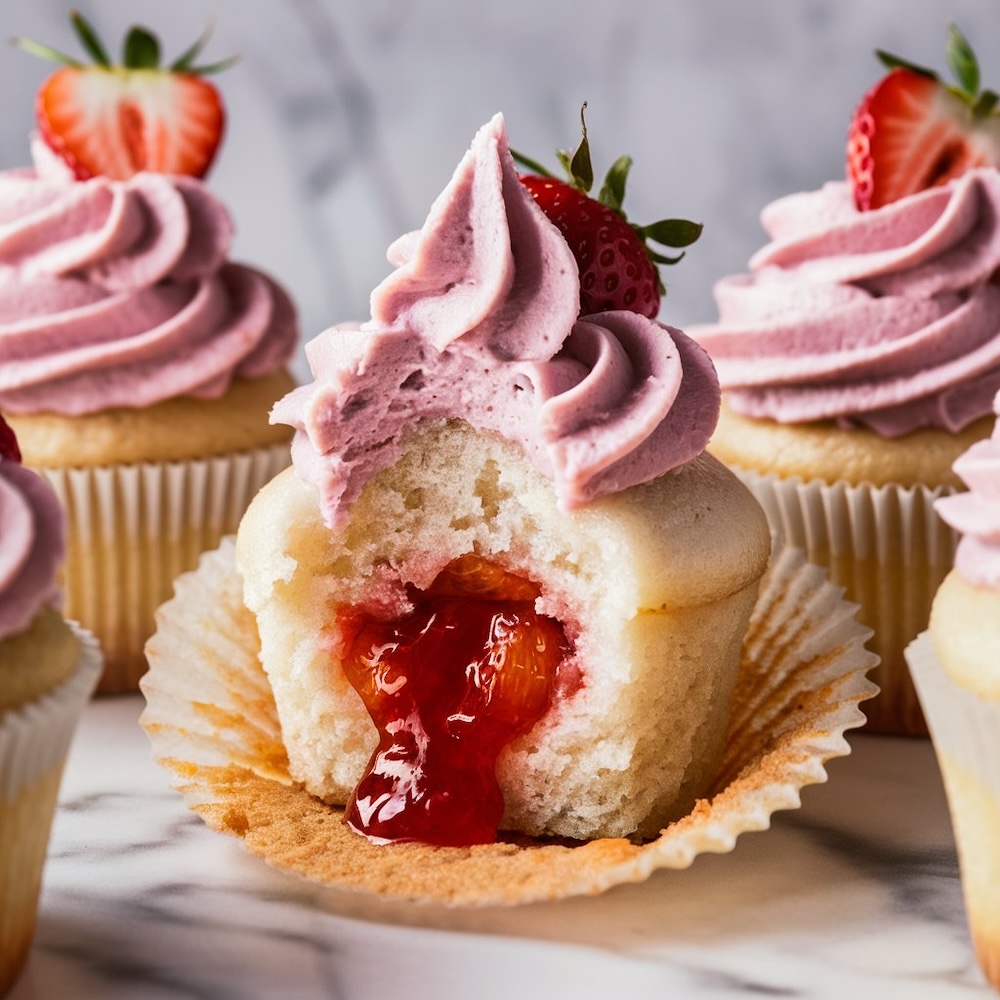 Vanilla cupcake filled with strawberry jam and topped with pink strawberry frosting.
