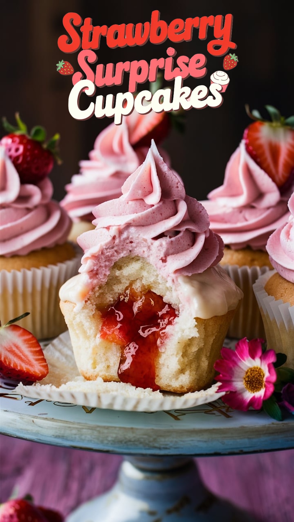 Close-up of a strawberry cupcake with a fluffy swirl of pink frosting and a fresh strawberry on top. The cupcake is cut open, showing a rich strawberry jam filling oozing from the center. The text "Strawberry Surprise Cupcakes" is displayed above the cupcakes.