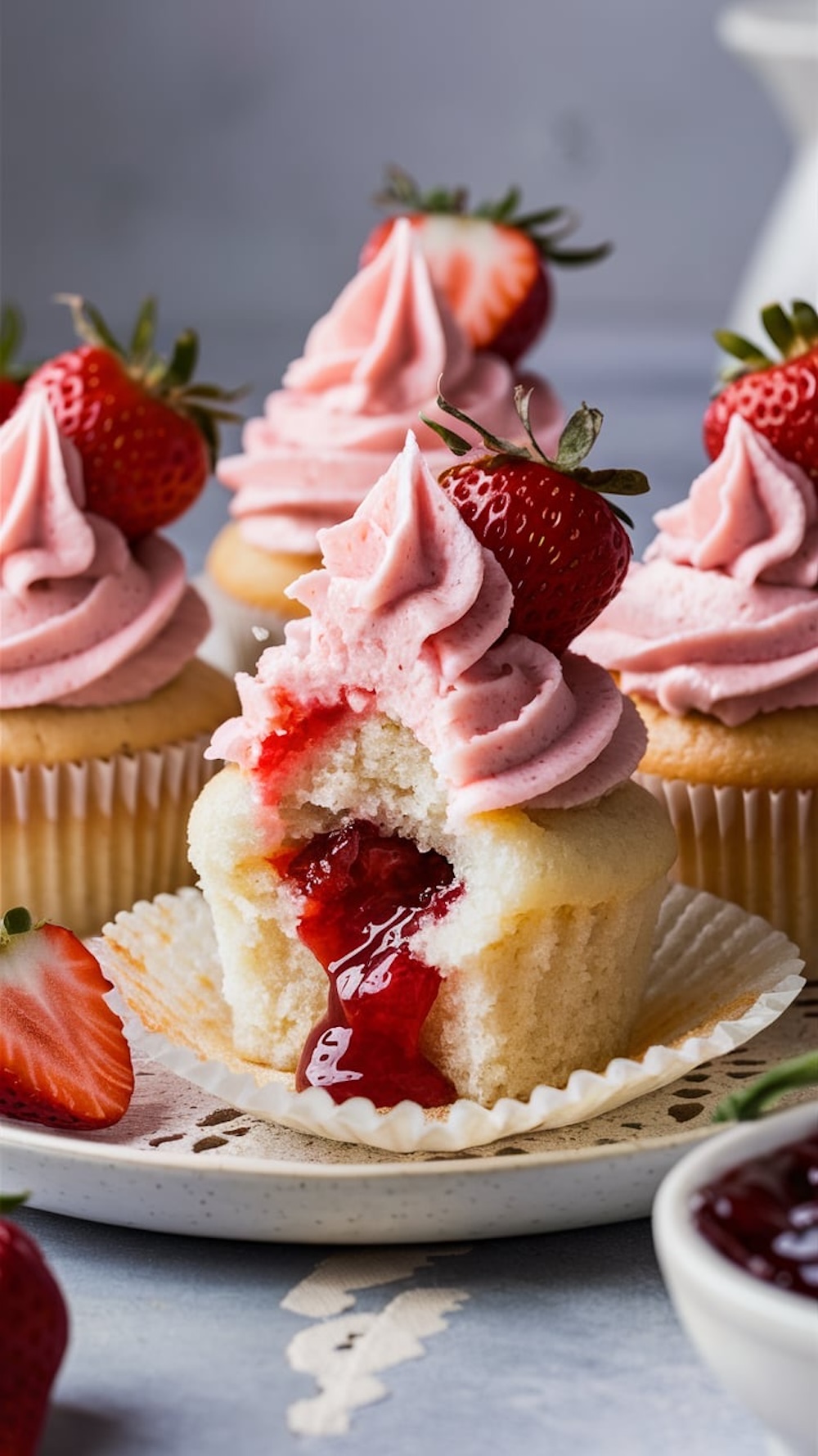 Close-up of a strawberry-filled cupcake with buttercream frosting.
