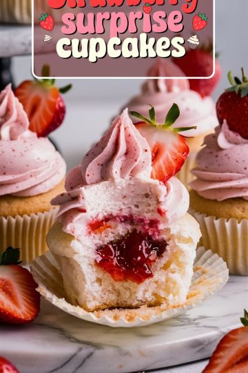 Close-up of a strawberry cupcake with pink frosting, topped with a fresh strawberry slice. The cupcake is cut open to reveal a gooey strawberry filling inside, with the text "Strawberry Surprise Cupcakes" overlayed at the top.