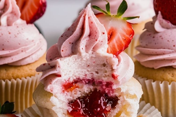 Close-up of a strawberry cupcake with pink frosting, topped with a fresh strawberry slice. The cupcake is cut open to reveal a gooey strawberry filling inside, with the text "Strawberry Surprise Cupcakes" overlayed at the top.
